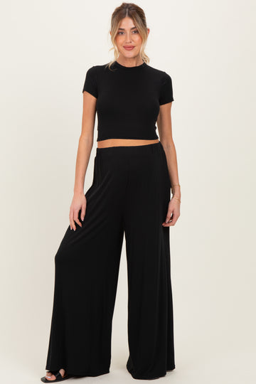 Black Short Sleeve Crop Top Wide Leg Pant Maternity Set