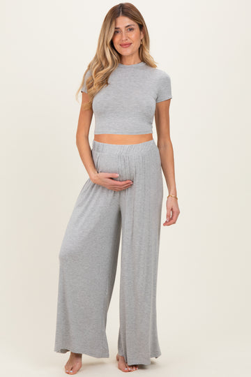 Heather Grey Short Sleeve Crop Top Wide Leg Pant Maternity Set