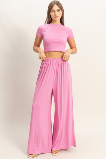Pink Short Sleeve Crop Top Wide Leg Pant Maternity Set