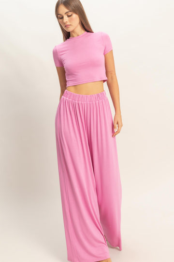 Pink Short Sleeve Crop Top Wide Leg Pant Set