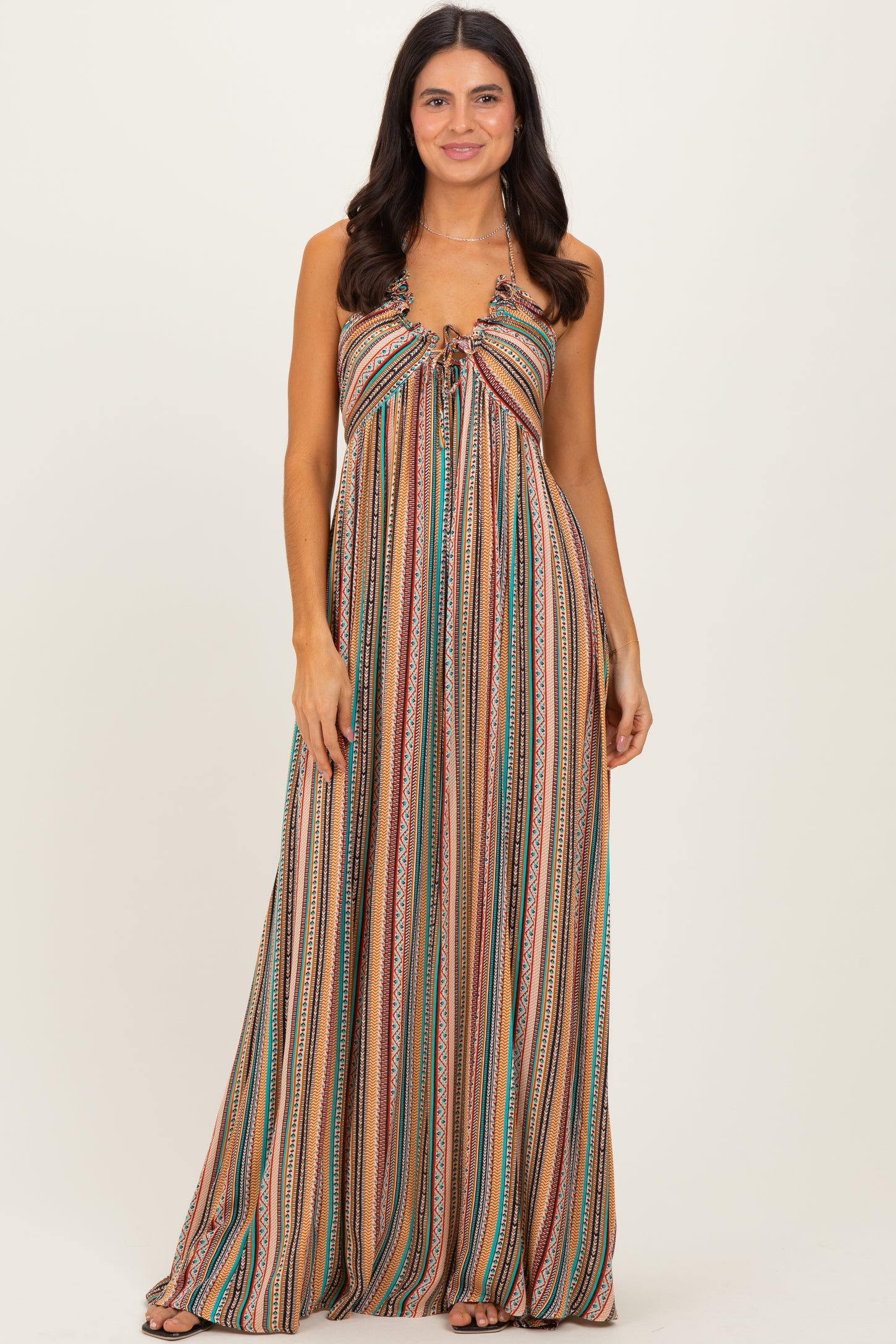 Multicolor Printed V-Neck Halter Maxi Dress