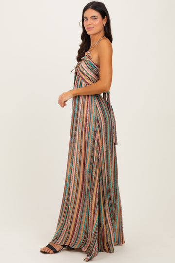 Multicolor Printed V-Neck Halter Maxi Dress