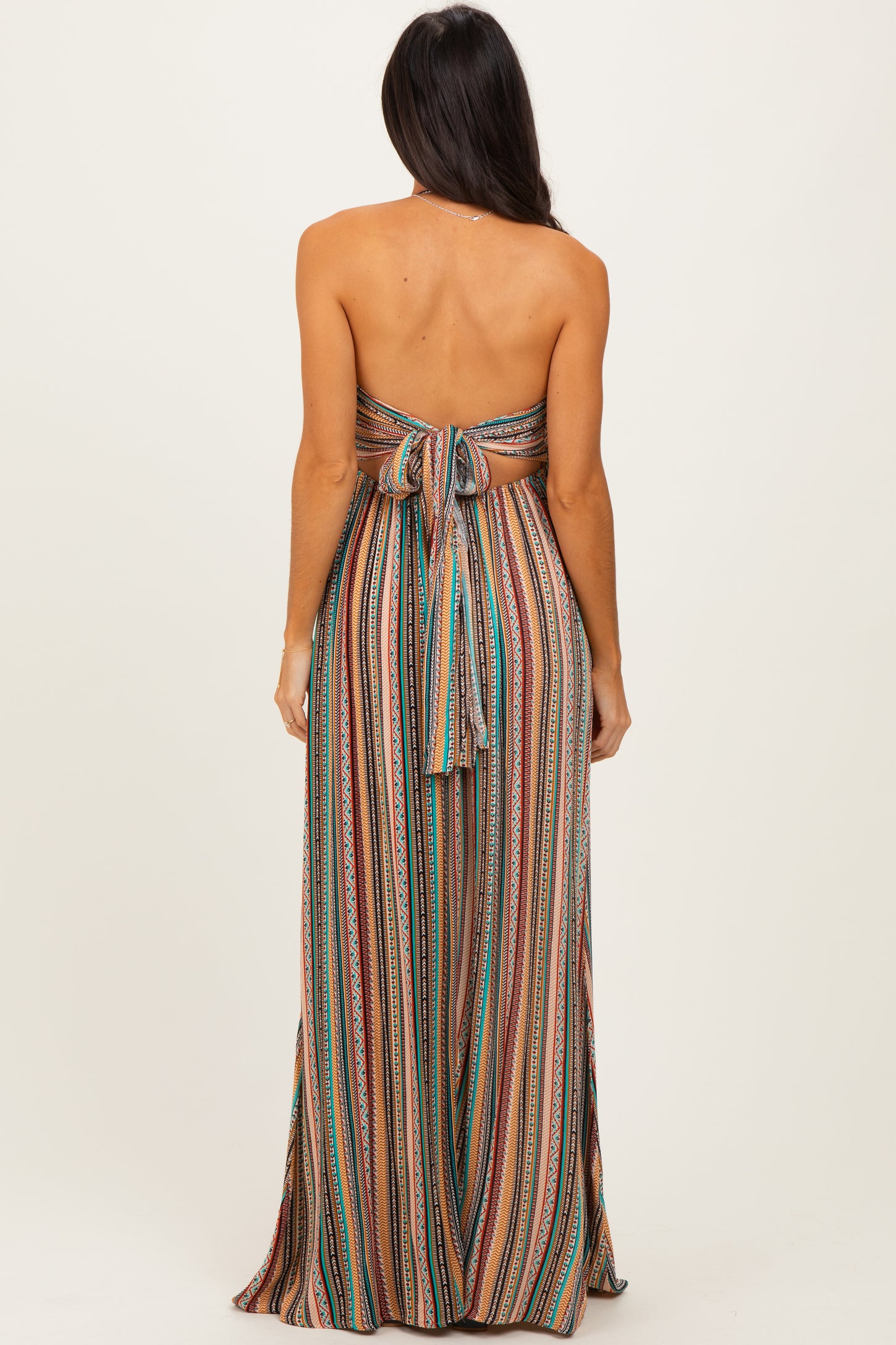 Multicolor Printed V-Neck Halter Maxi Dress