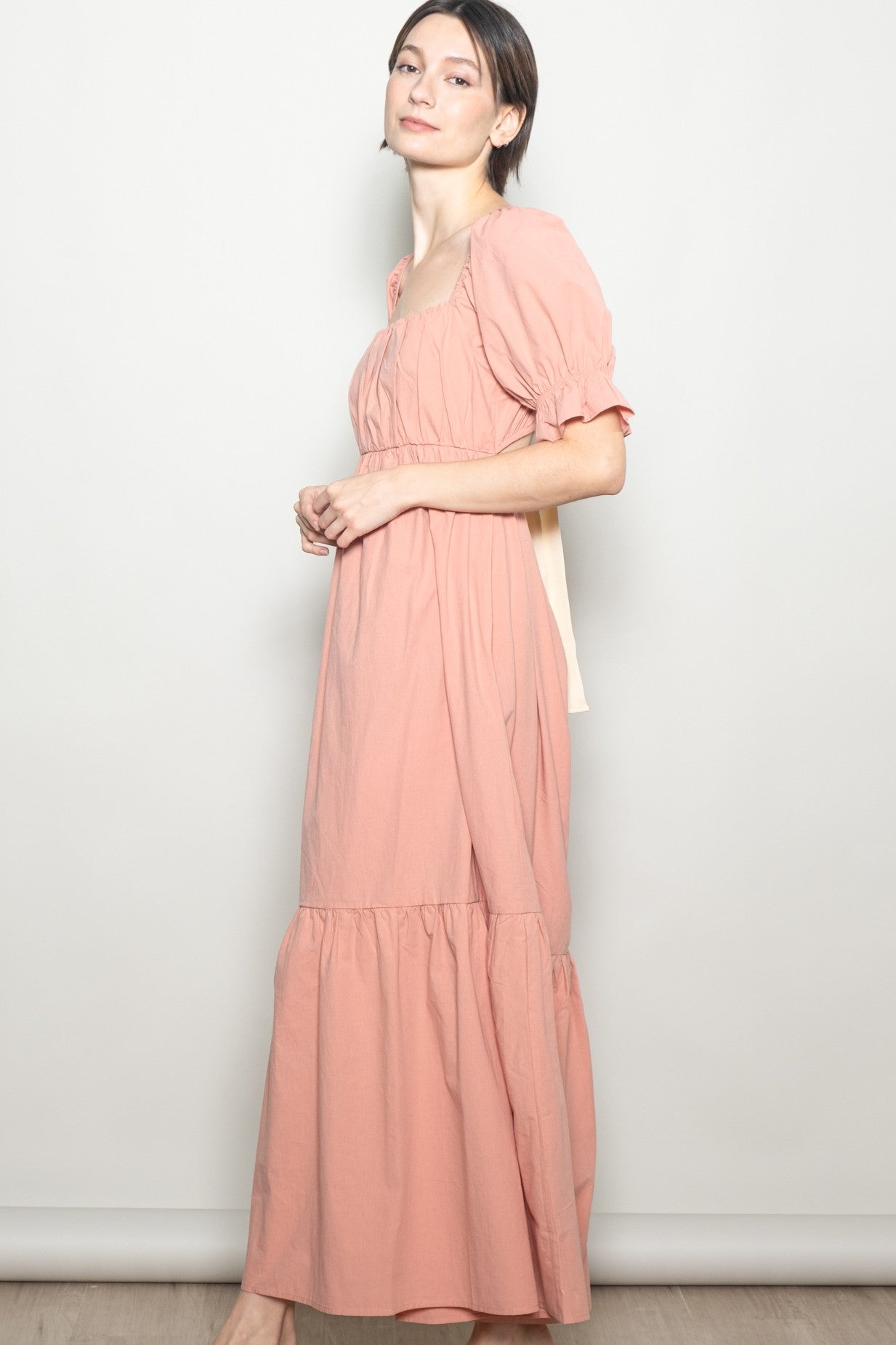 Rose Pink Open Back Ribbon Tie Maxi Dress