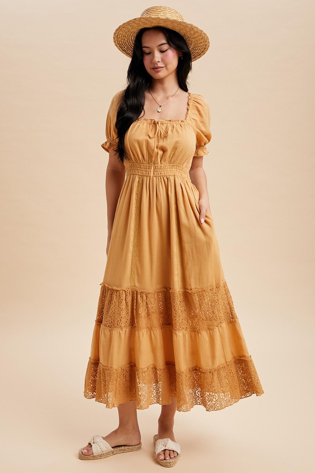 Gold Lace Contrast Paneled Maternity Maxi Dress