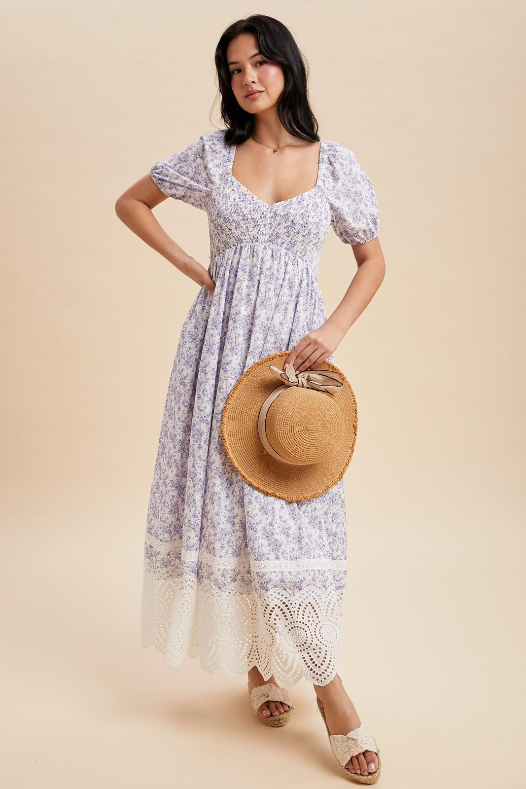 Light Blue Floral Smocked Maxi Dress