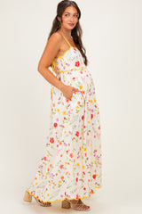 Yellow Daffodil Creme Floral Scalloped Contrast Maternity Maxi Dress