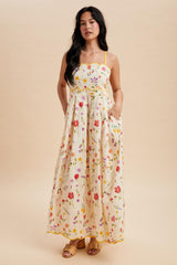 Yellow Daffodil Creme Floral Scalloped Contrast Maternity Maxi Dress