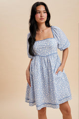 Blue Aura Contrast Binded Floral Mini Dress