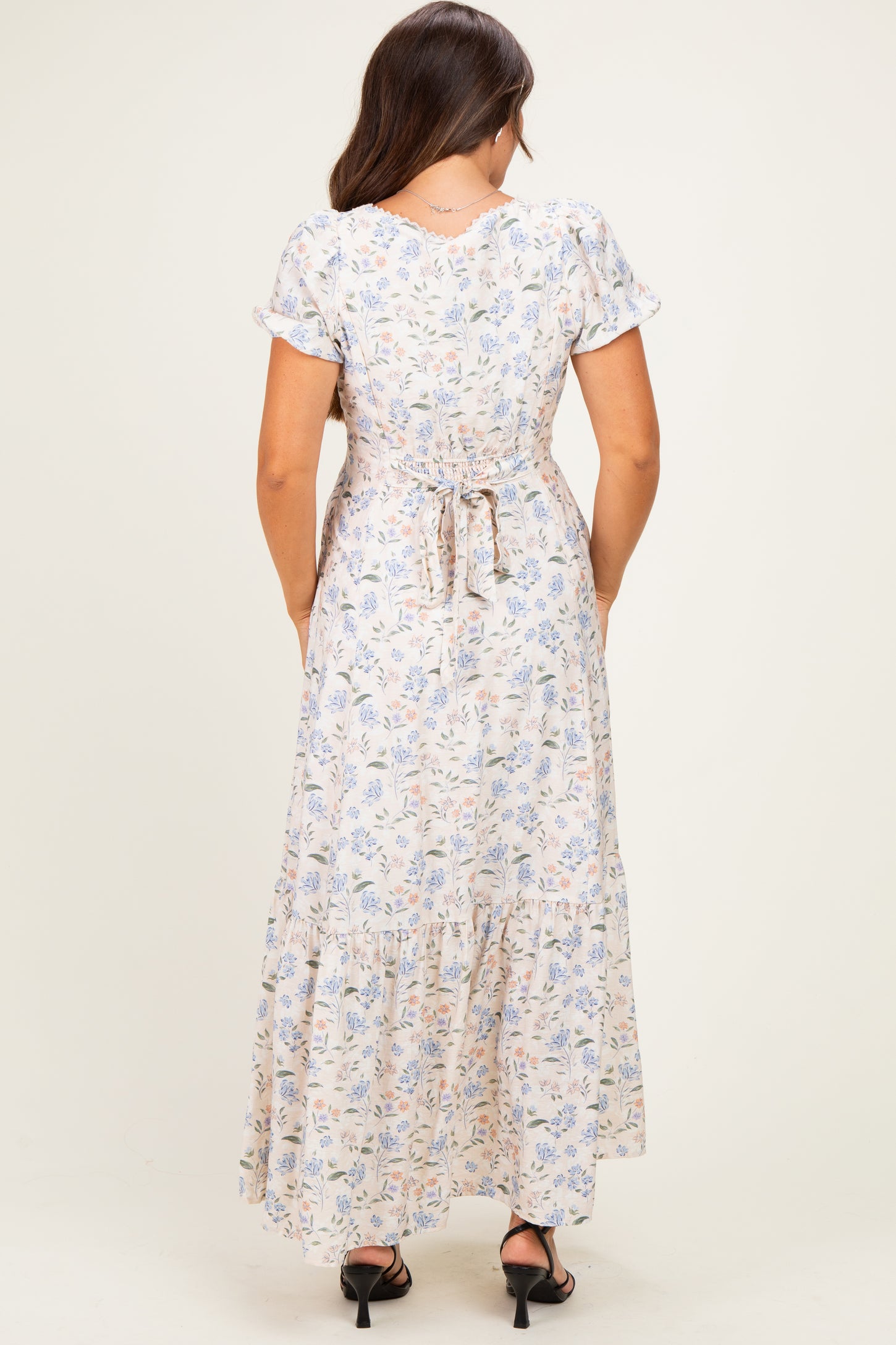Creme Floral Lace Trim Button Down Maternity Maxi Dress