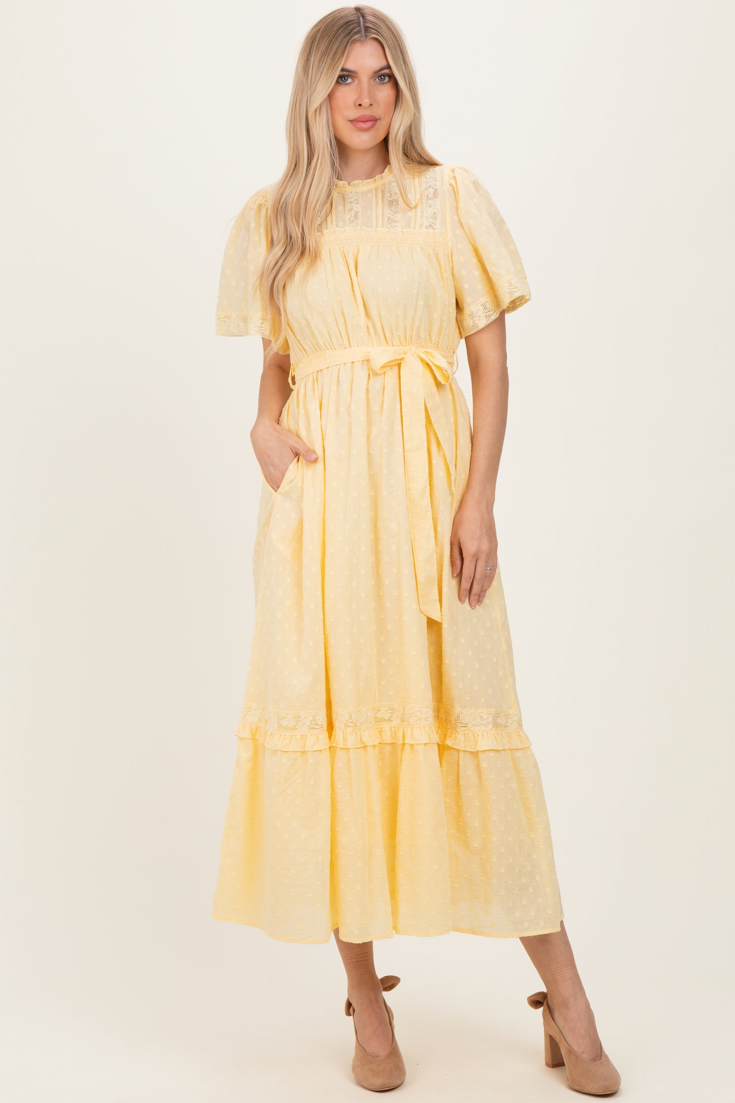 Yellow Swiss Dot Flutter Sleeve Maxi Dress