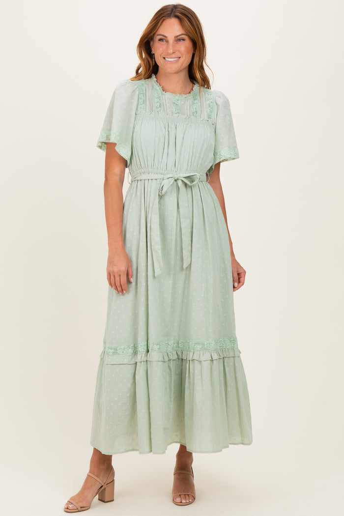 Sage Swiss Dot Flutter Sleeve Maternity Maxi Dress