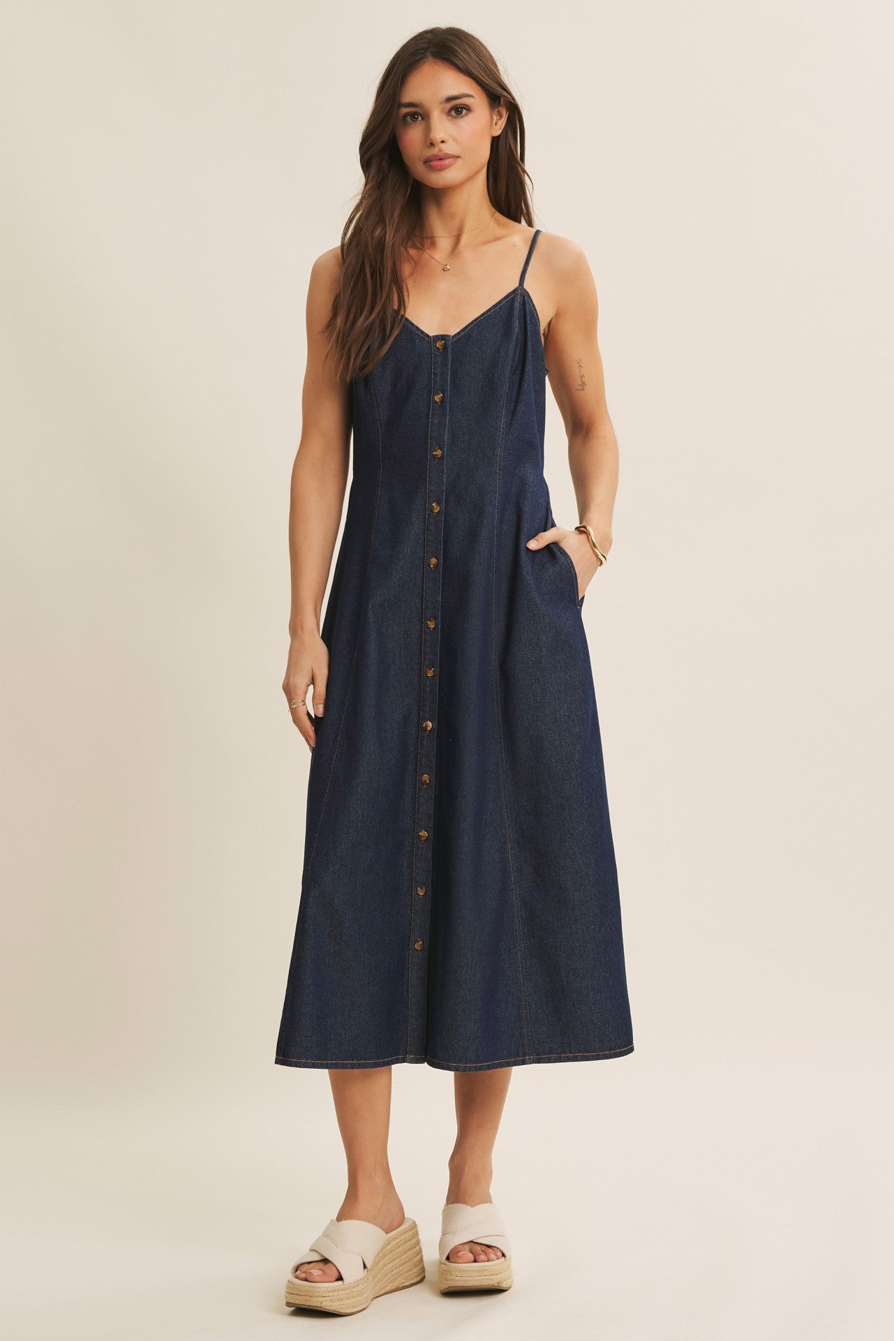 Navy Button-Down Denim Maternity Midi Dress