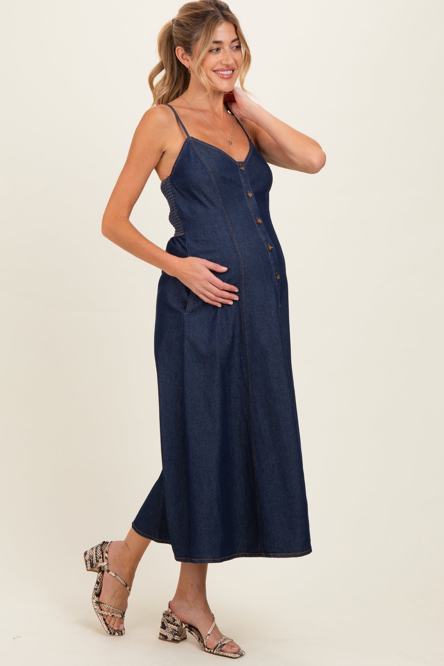 Navy Button-Down Denim Maternity Midi Dress