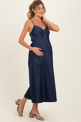 Navy Button-Down Denim Maternity Midi Dress
