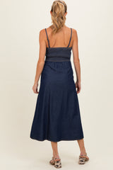 Navy Button-Down Denim Maternity Midi Dress