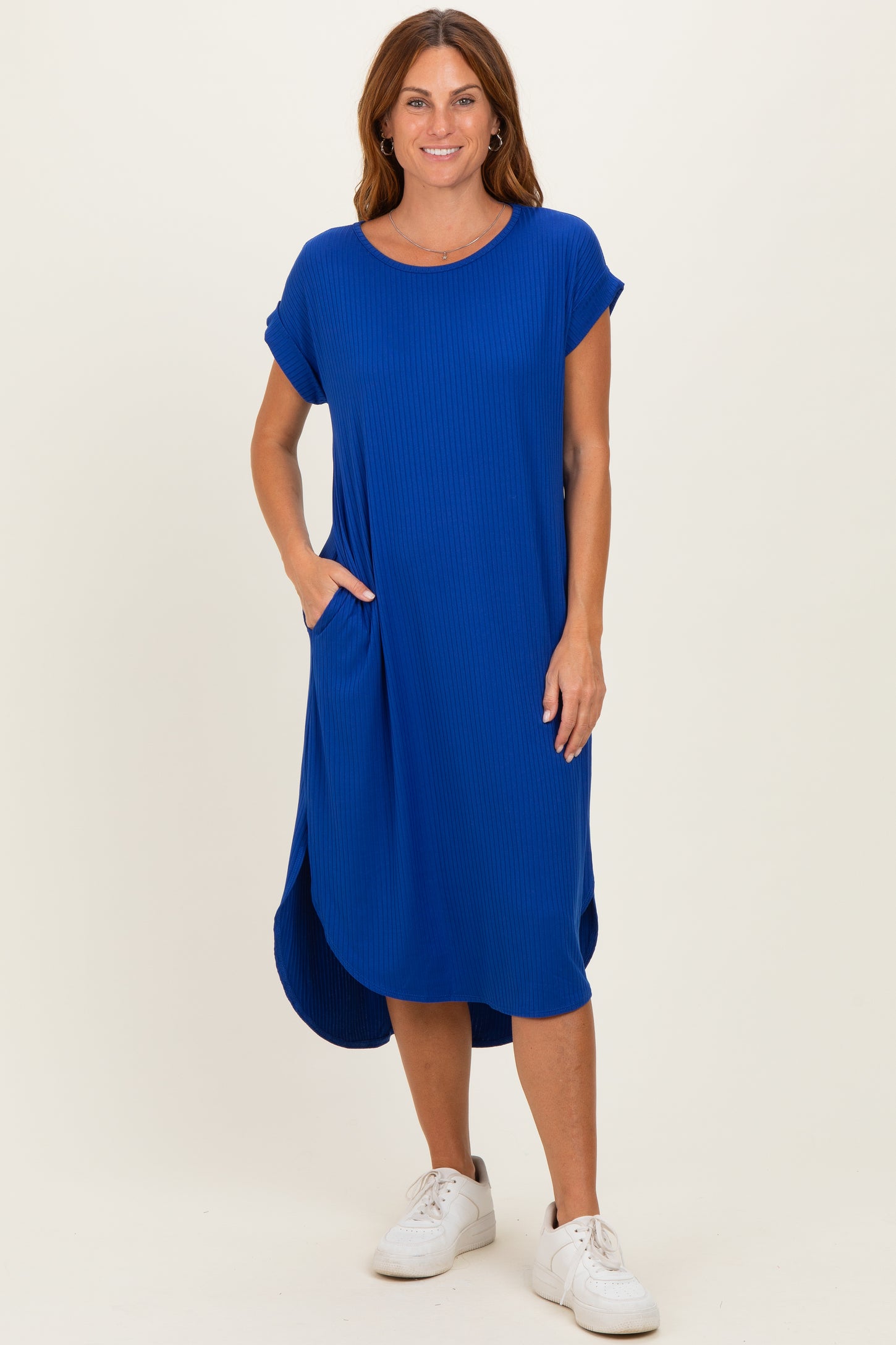 Royal Ribbed Curved Hem Midi Dress