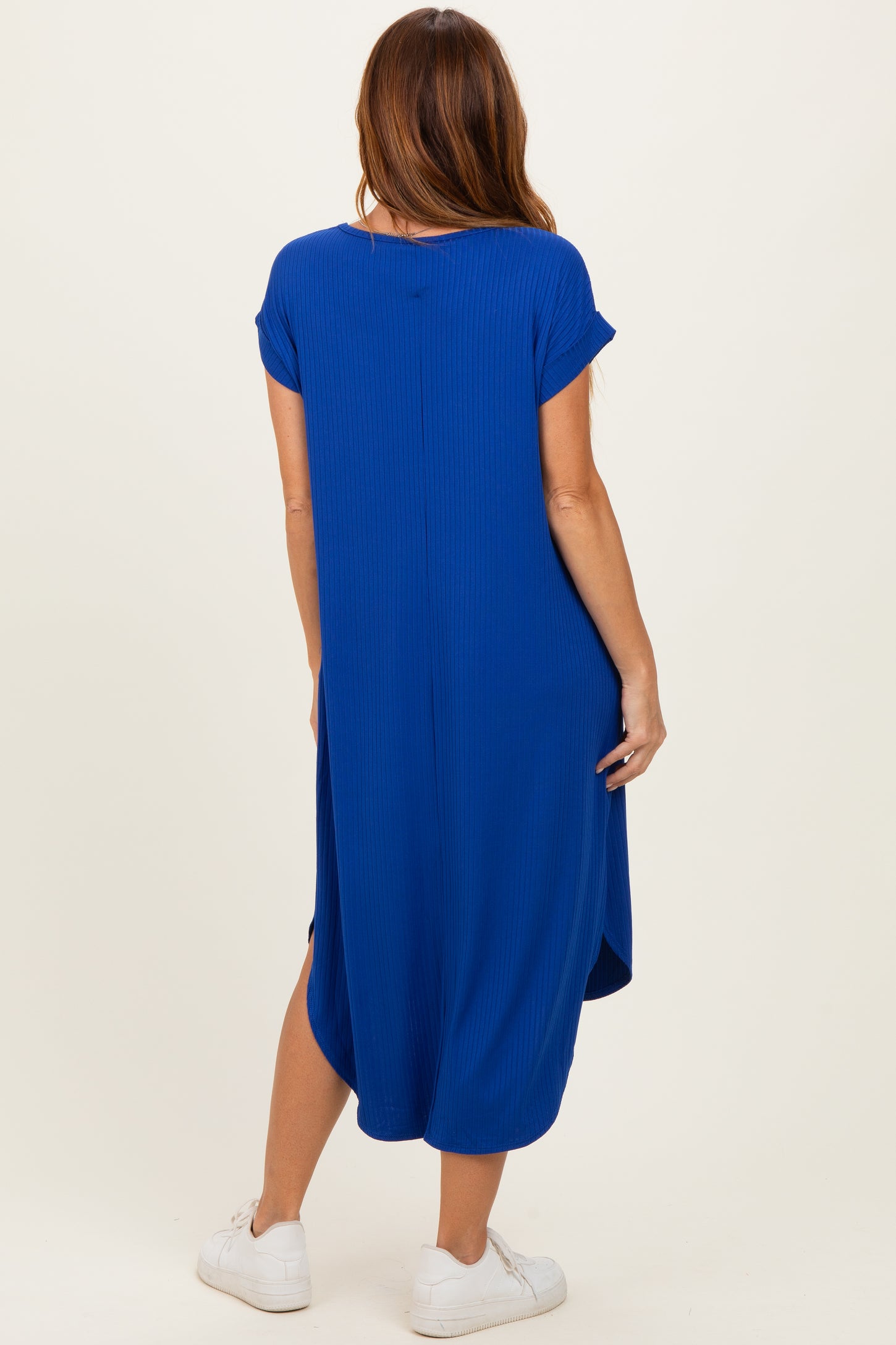 Royal Ribbed Curved Hem Midi Dress