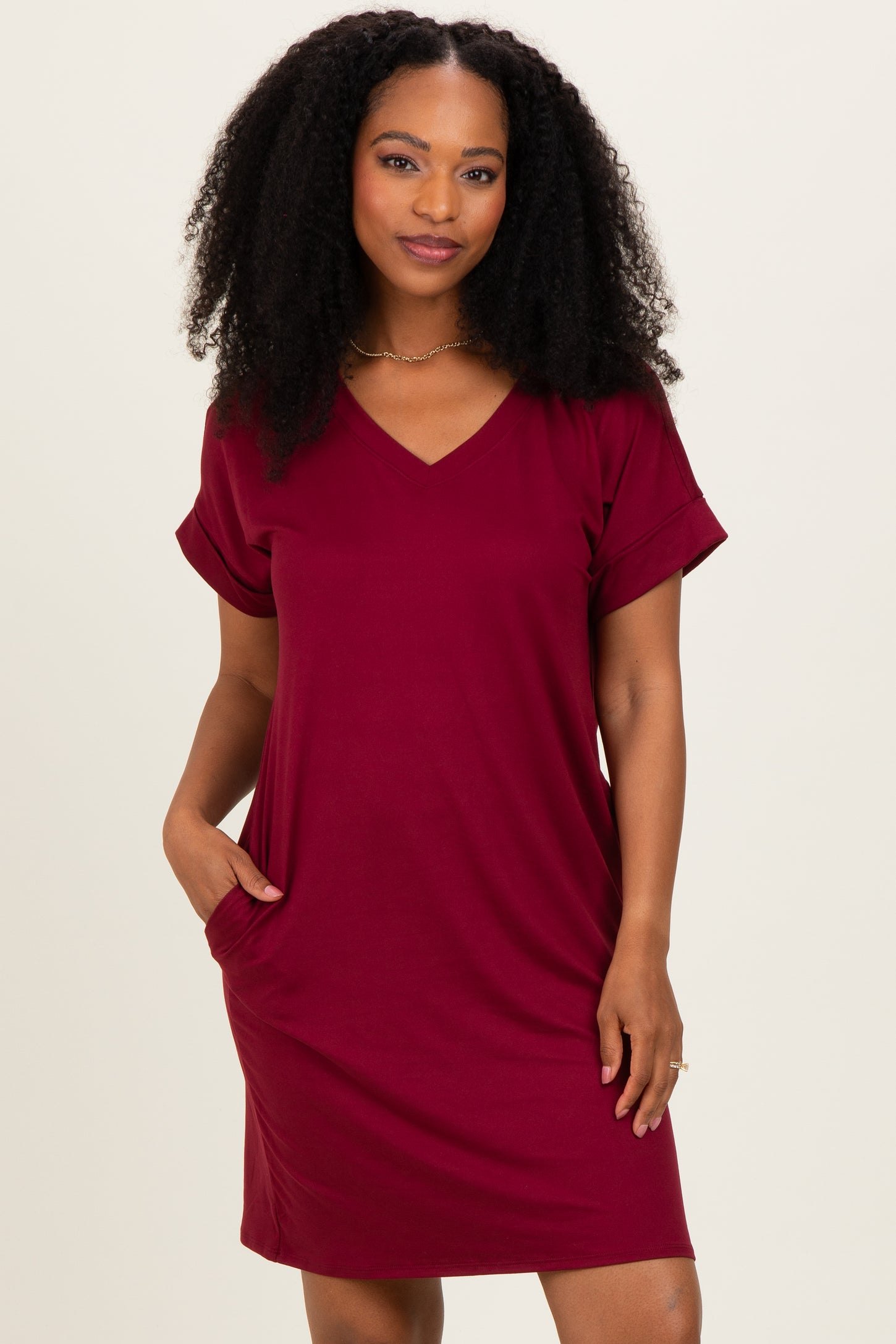 Cabernet Brushed Rolled Short Sleeve V-Neck Dress