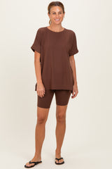 Brown Hi-Low Short Sleeve Tee Biker Short Maternity Set