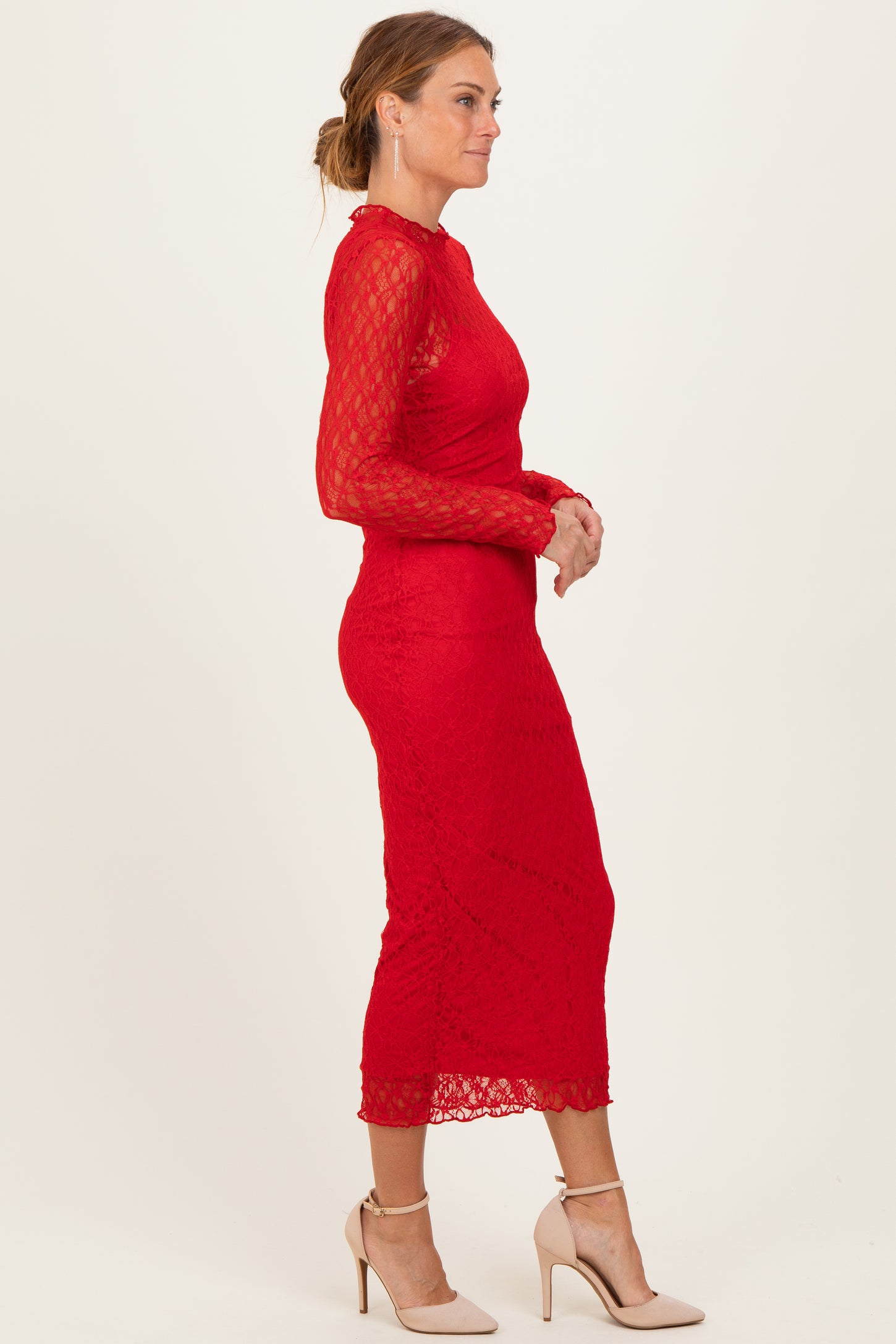 Red Lace Long Sleeve Fitted Dress