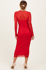 Red Lace Long Sleeve Fitted Dress