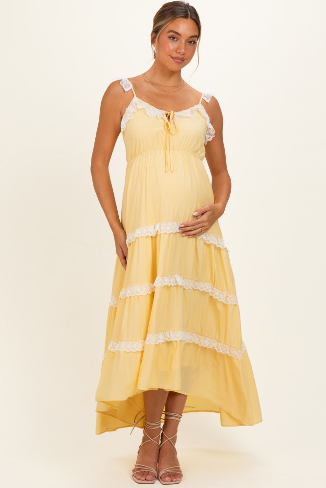 Yellow Lace Trim Tiered Maternity Maxi Dress
