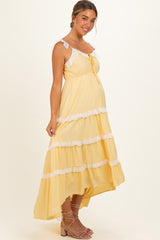 Yellow Lace Trim Tiered Maternity Maxi Dress