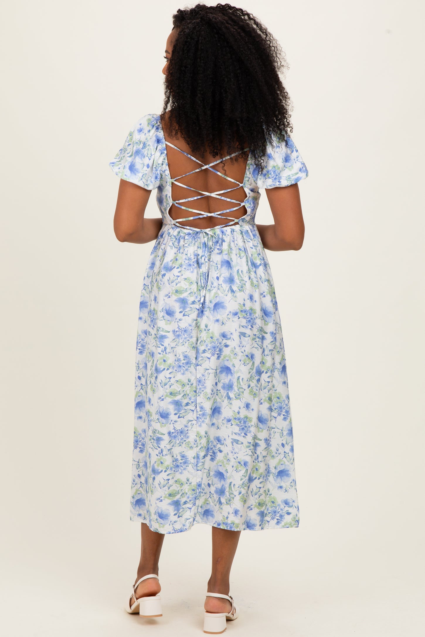 Blue Floral Crisscross Back Midi Dress