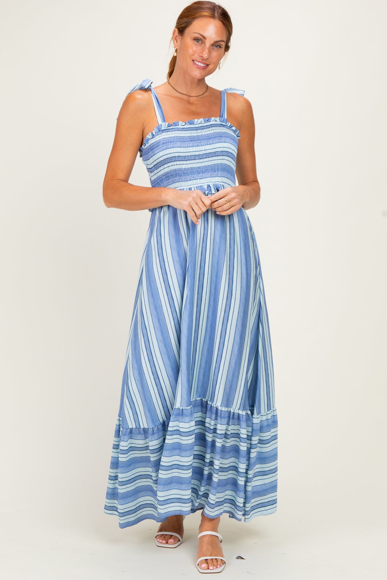Blue Striped Smocked Shoulder Tie Maternity Midi Dress