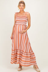 Rose Striped Smocked Shoulder Tie Maternity Midi Dress