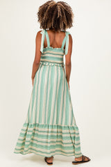 Green Striped Smocked Shoulder Tie Maternity Midi Dress
