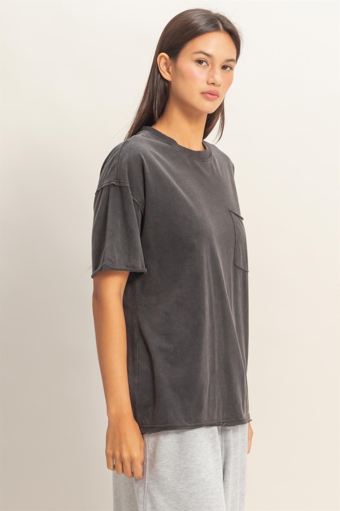 Black Vintage Wash Raw Edge Pocket T-Shirt
