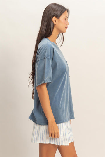Light Navy Vintage Wash Raw Edge Pocket T-Shirt
