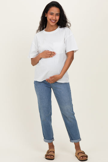 White Vintage Wash Raw Edge Pocket Maternity T-Shirt