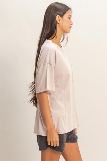 Light Taupe Vintage Wash Raw Edge Pocket T-Shirt