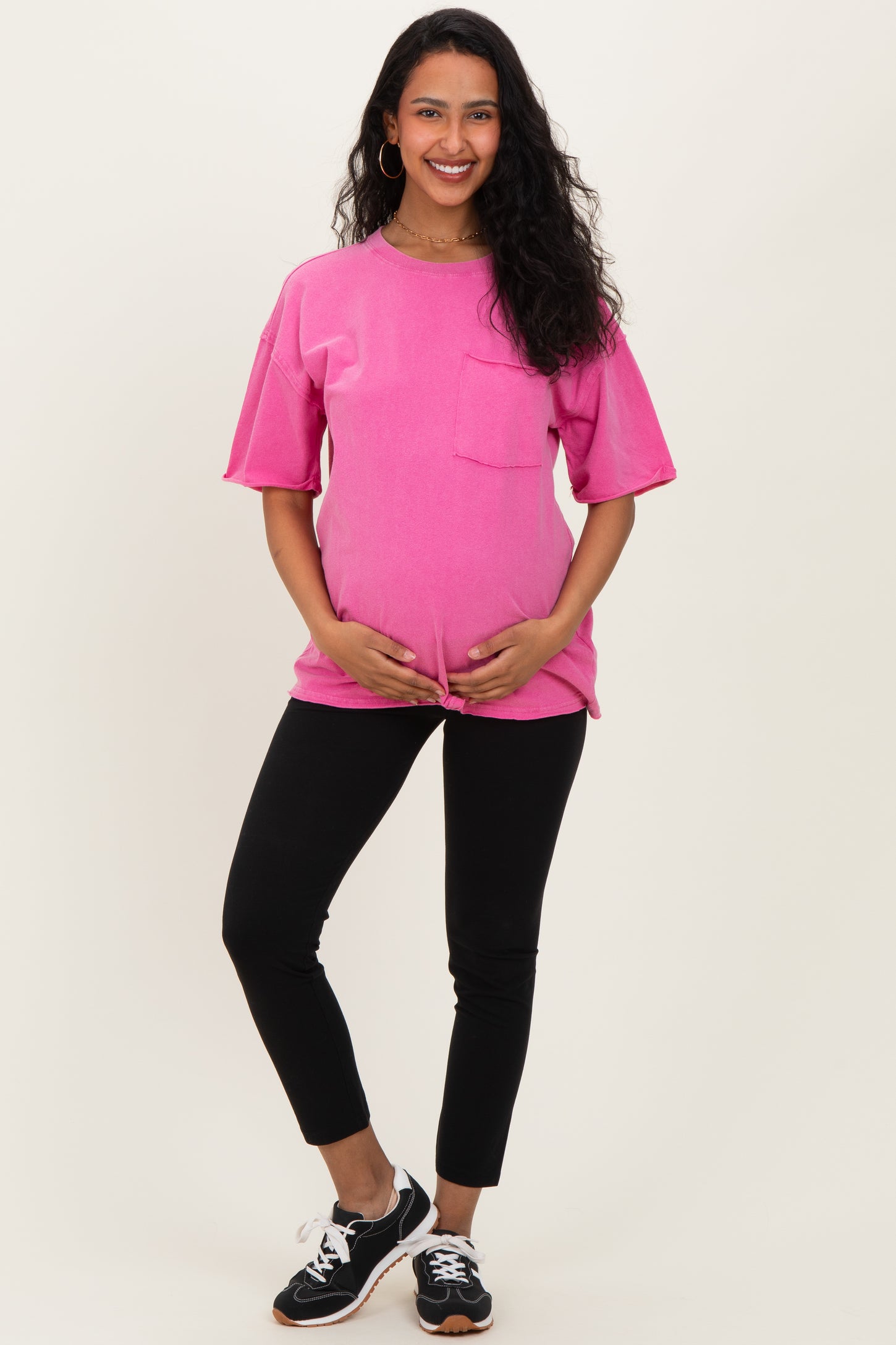 Fuchsia Vintage Wash Raw Edge Pocket Maternity T-Shirt