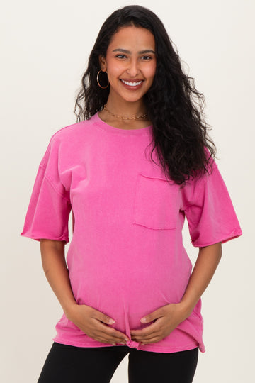 Fuchsia Vintage Wash Raw Edge Pocket Maternity T-Shirt