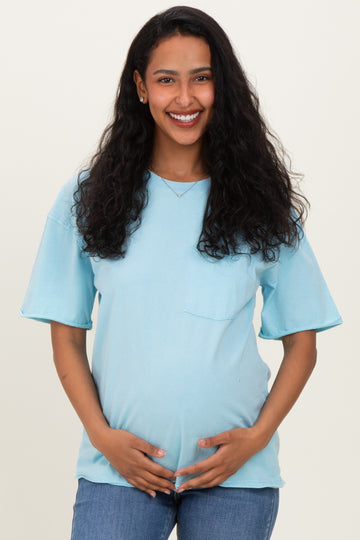 Light Blue Vintage Wash Raw Edge Pocket Maternity T-Shirt
