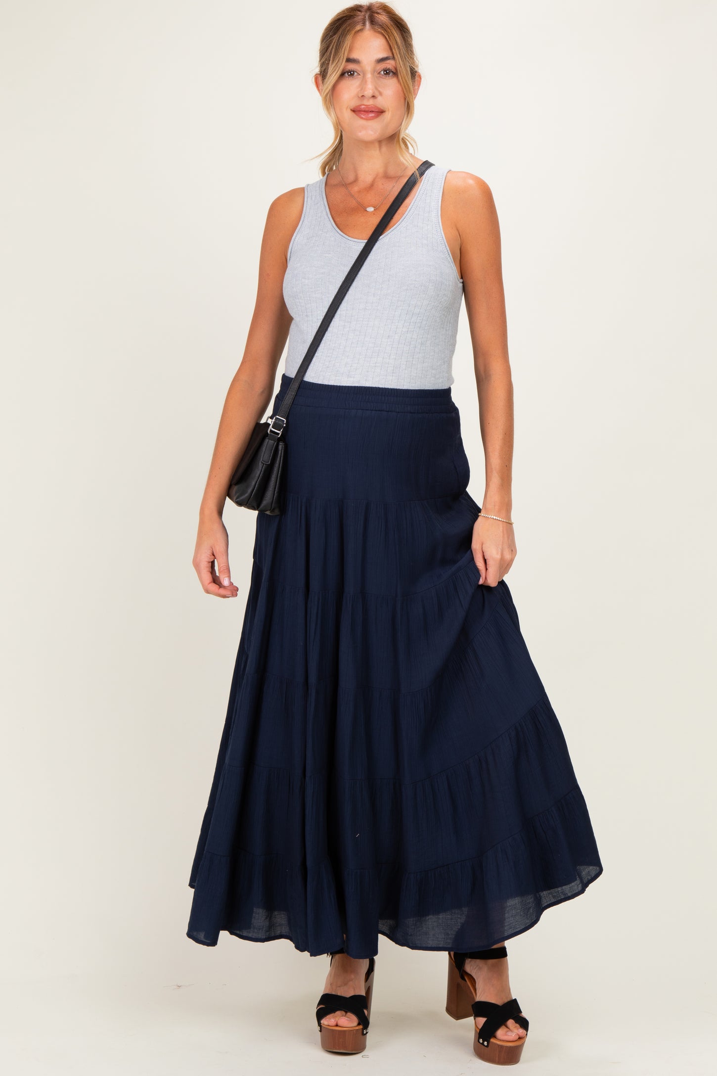 Navy Tiered Maternity Maxi Skirt