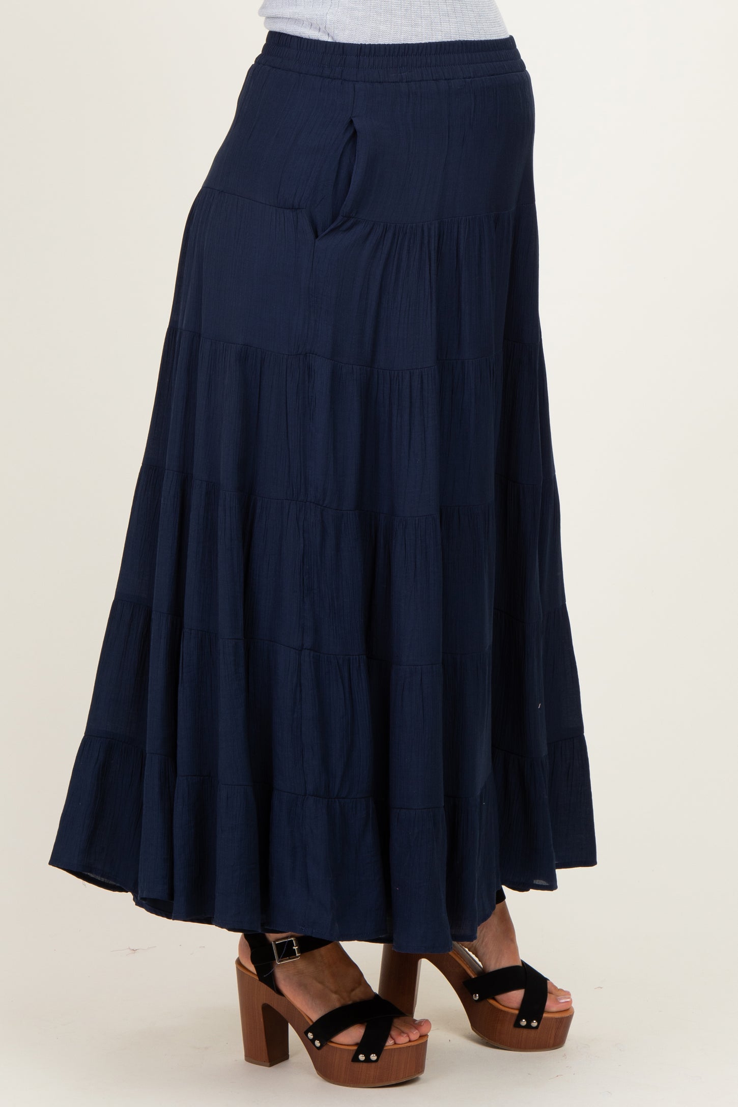 Navy Tiered Maternity Maxi Skirt
