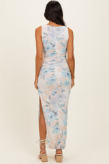 Ivory Floral Ruched Sleeveless Maxi Dress