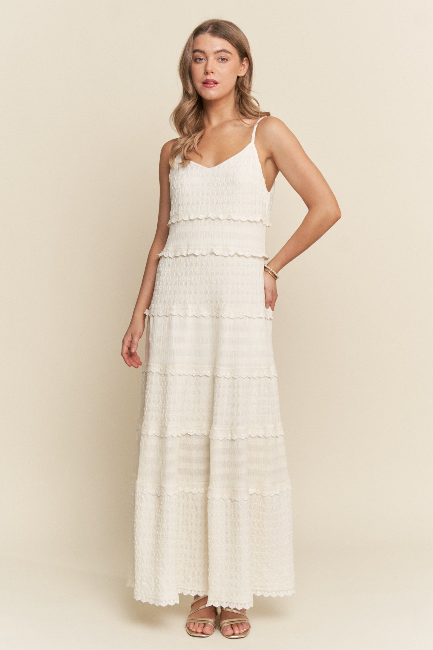 Ivory Textured Tiered Lace Trim Maternity Maxi Dress