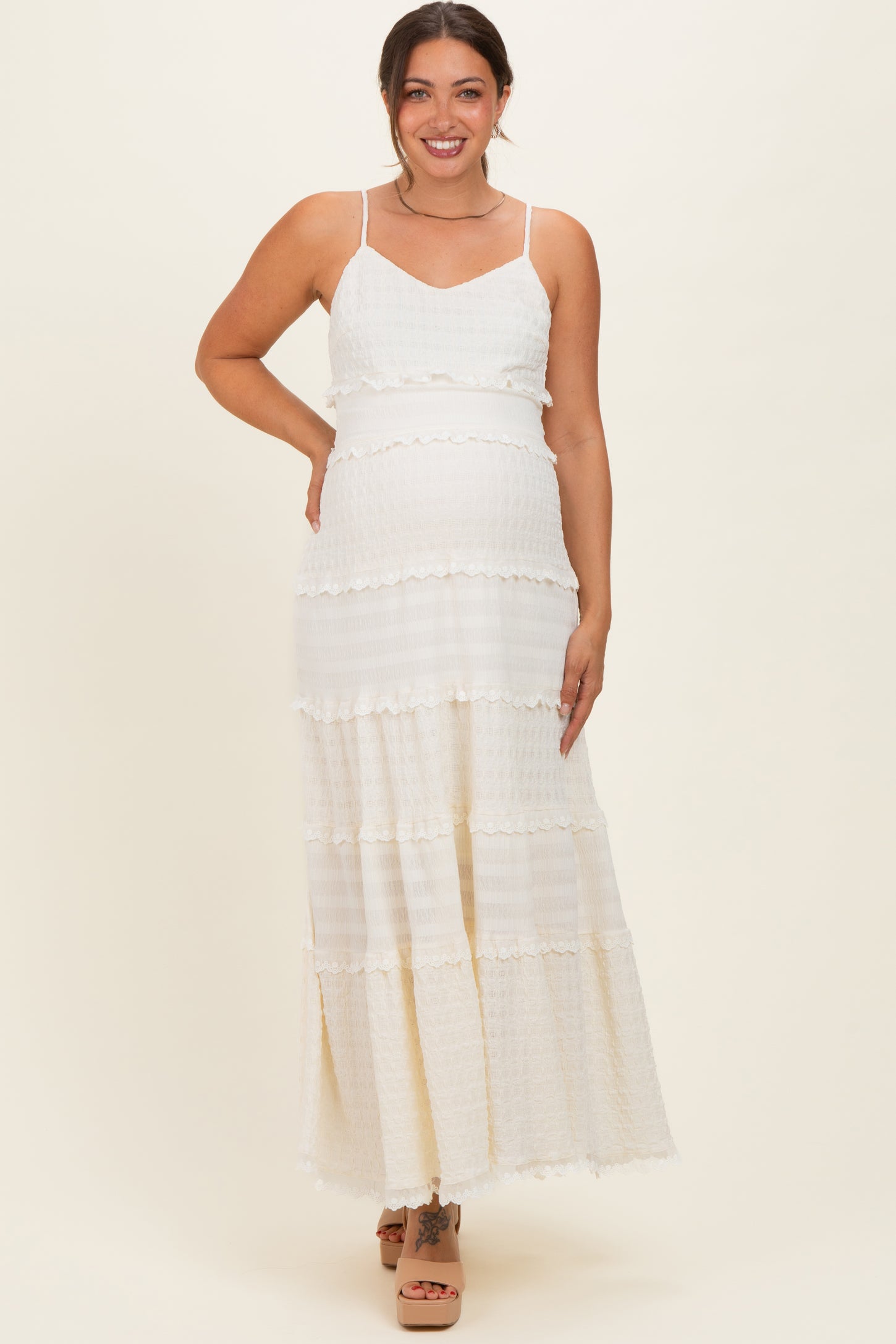 Ivory Textured Tiered Lace Trim Maternity Maxi Dress