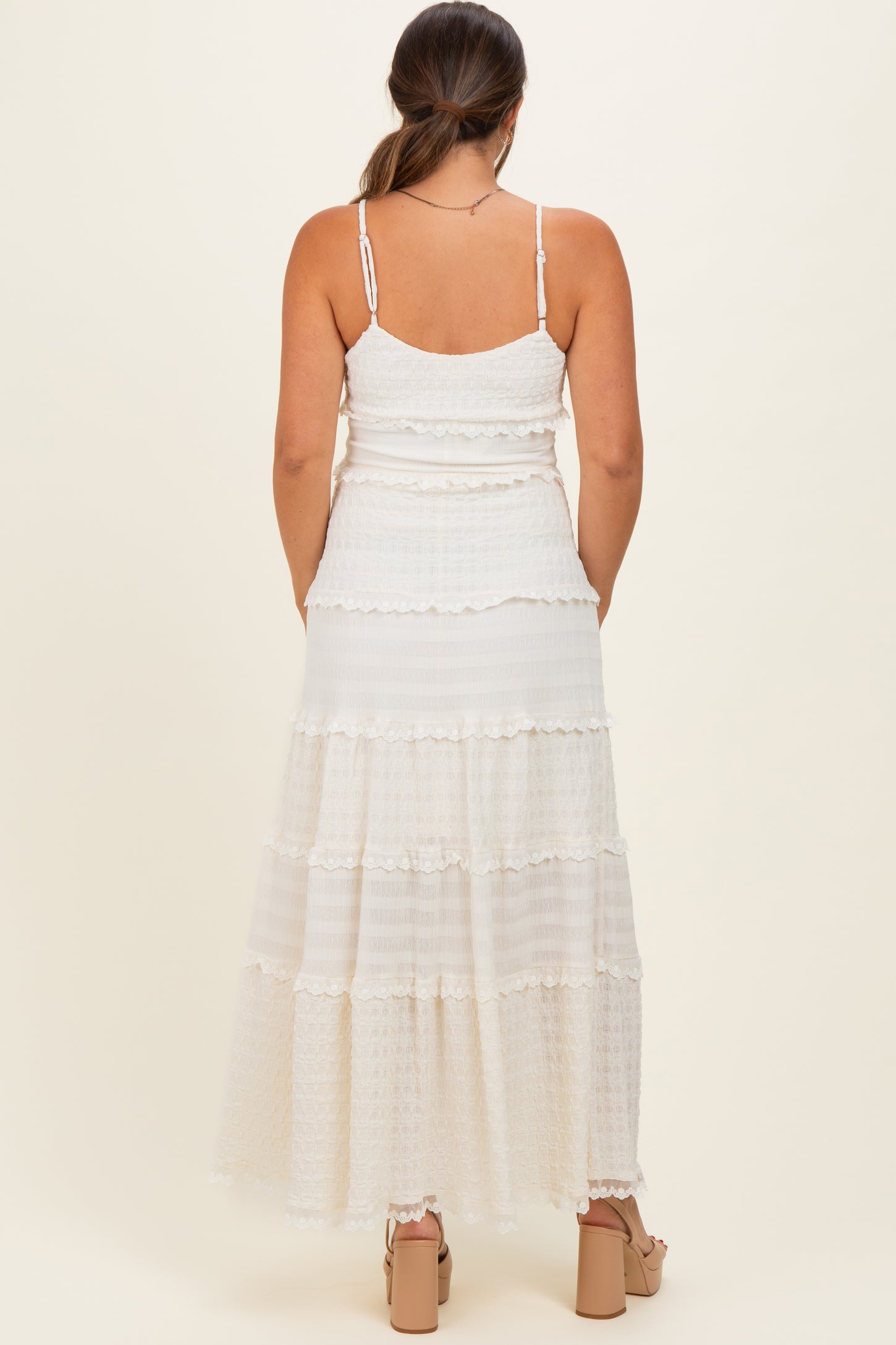 Ivory Textured Tiered Lace Trim Maternity Maxi Dress