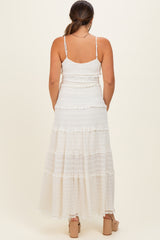 Ivory Textured Tiered Lace Trim Maternity Maxi Dress