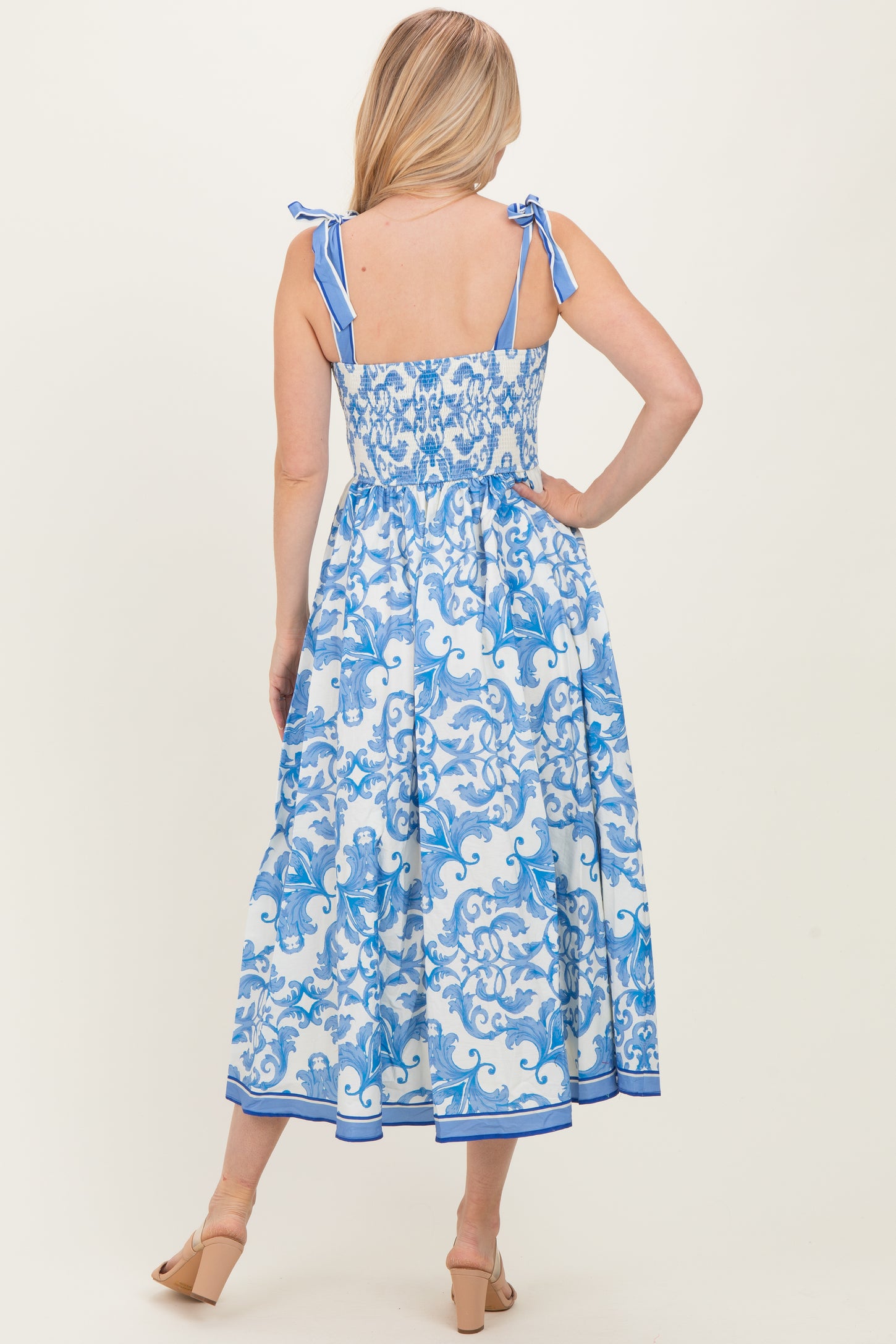 Blue Damask Shoulder Tie Midi Dress