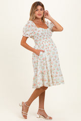 Off White Floral Sweetheart Neck Smocked Maternity Midi Dress