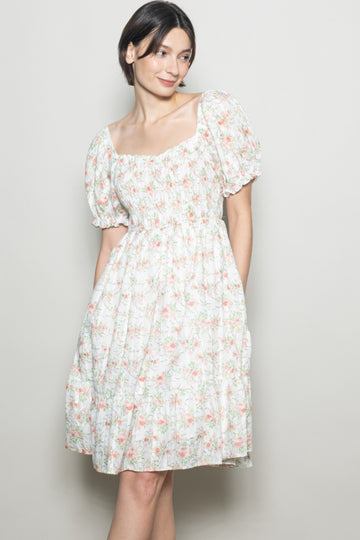 Off White Floral Sweetheart Neck Smocked Midi Dress