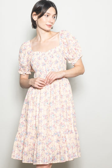 Peach Floral Sweetheart Neck Smocked Midi Dress